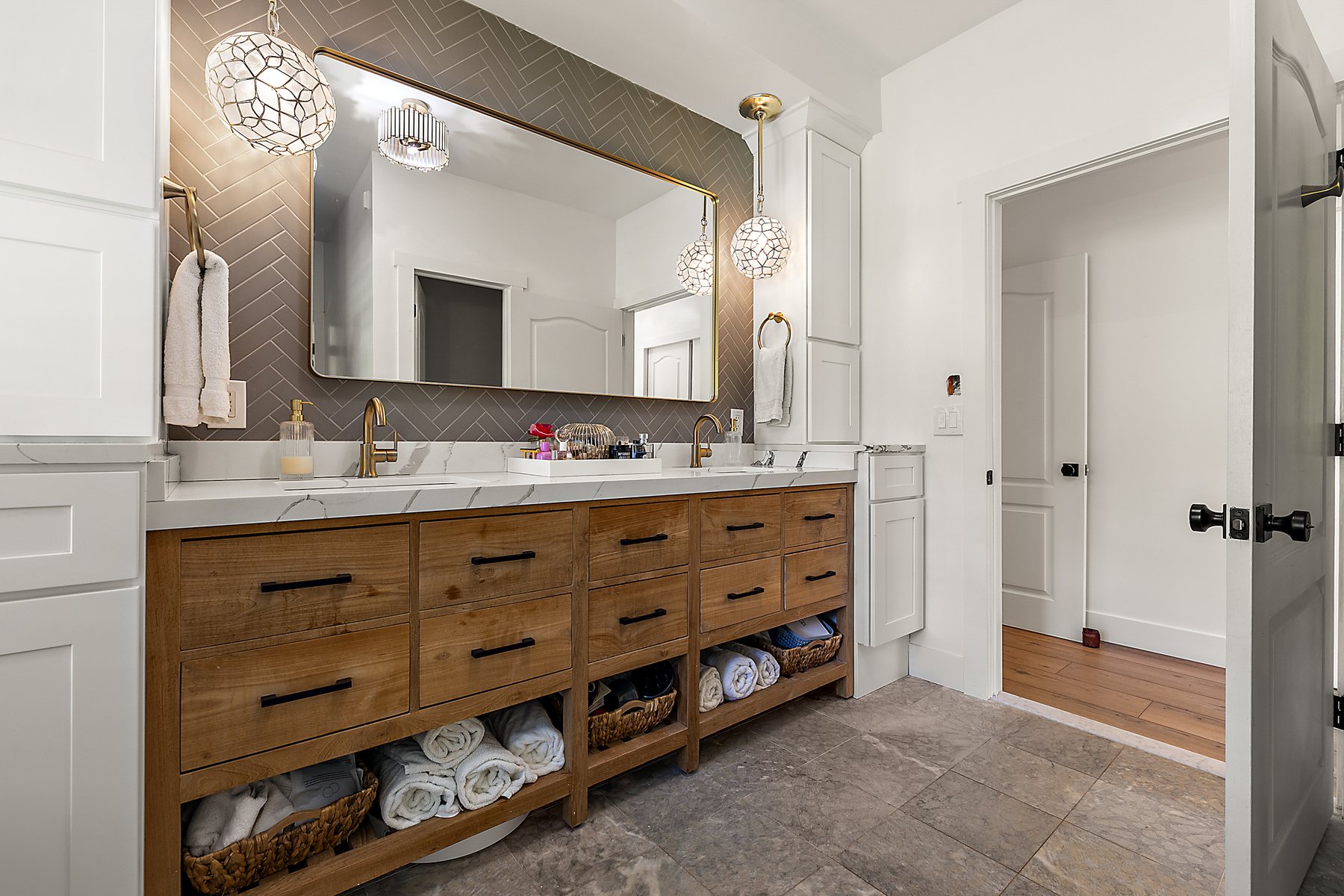 A finished bathroom vanity and fixture detail