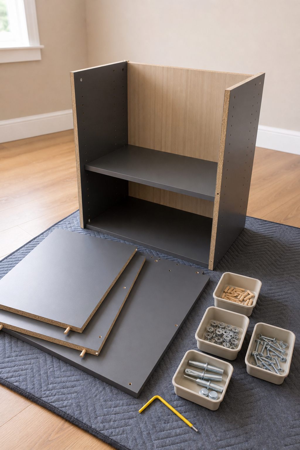 Cabinet components and hardware organized for assembly.