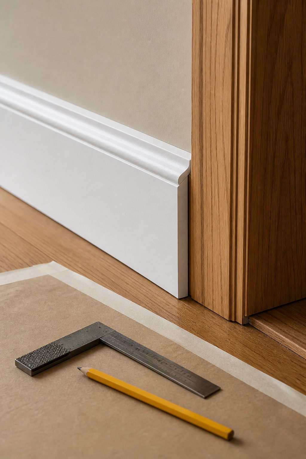 A precise baseboard and casing corner with small layout tools.