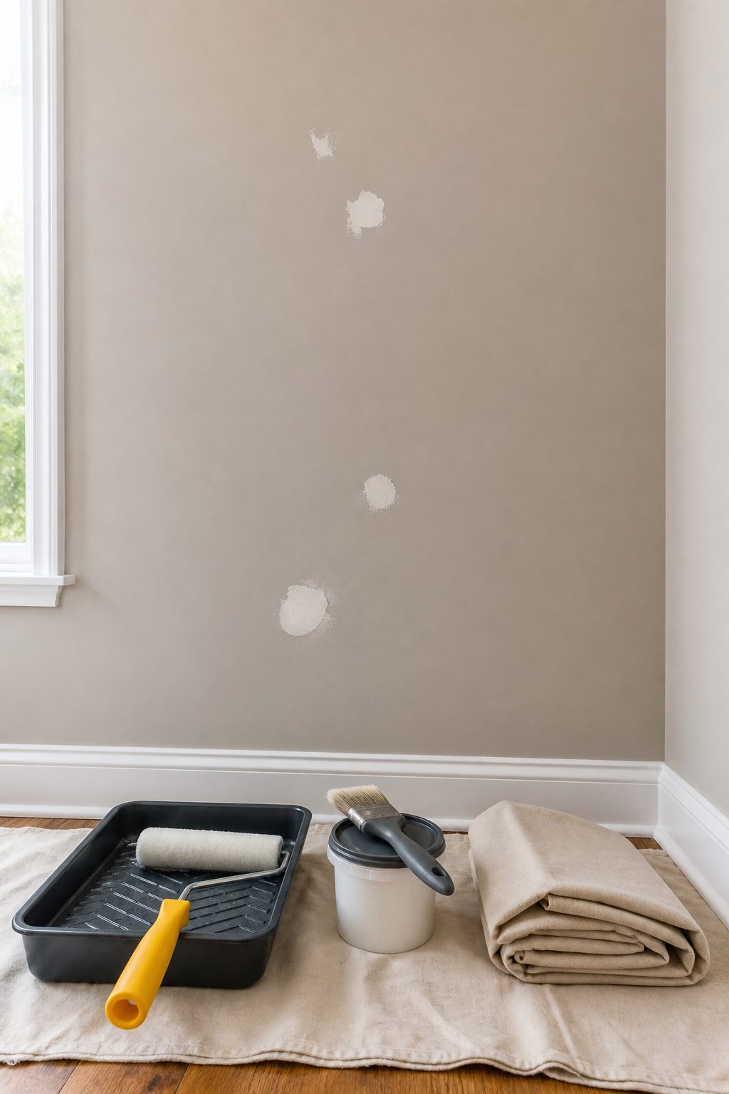 An organized touch-up setup beneath a small wall repair area.