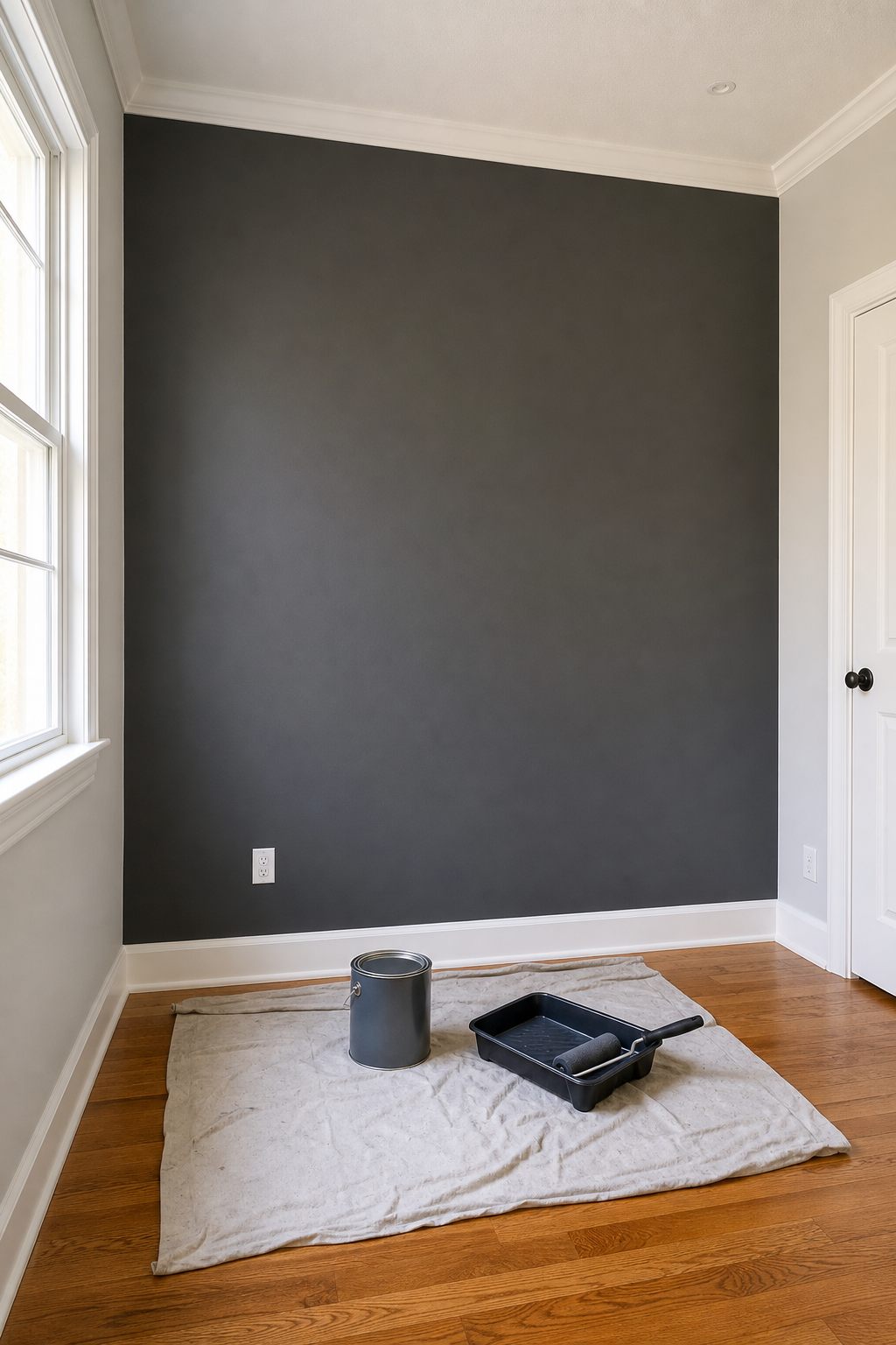 A clean finished accent wall with protected tools below.