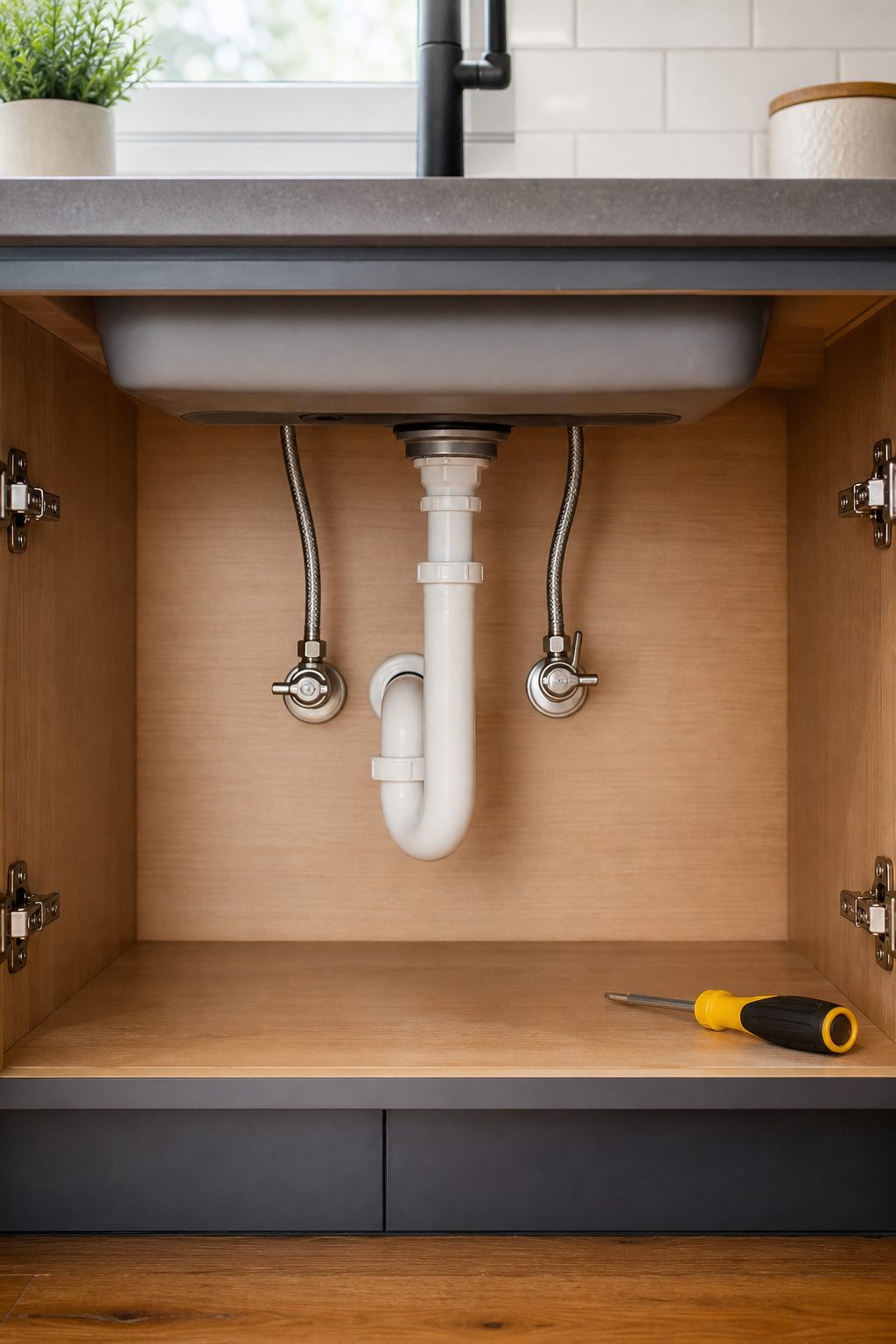 A clean under-sink connection after a focused fixture repair.