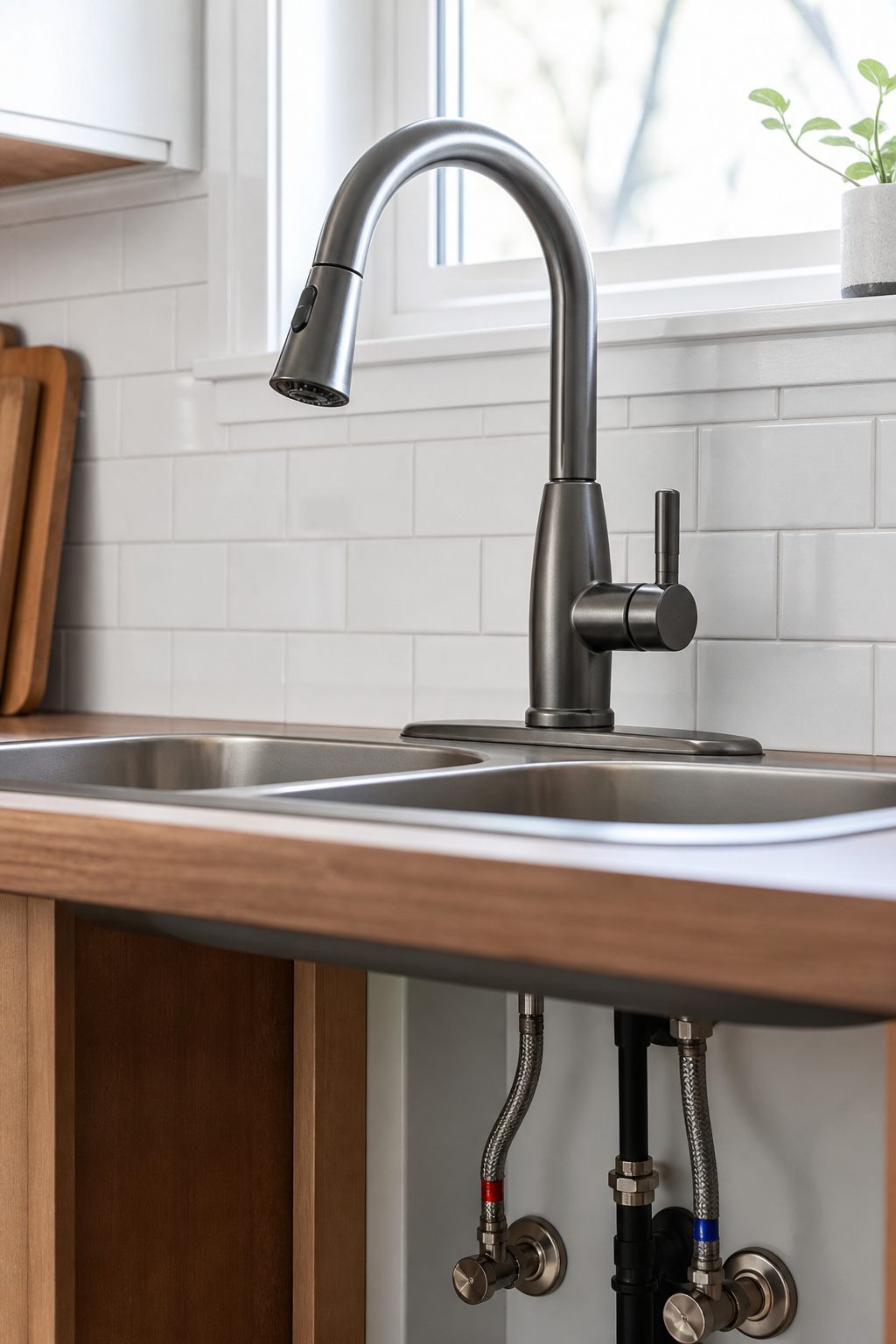 A finished faucet and sink fixture detail.